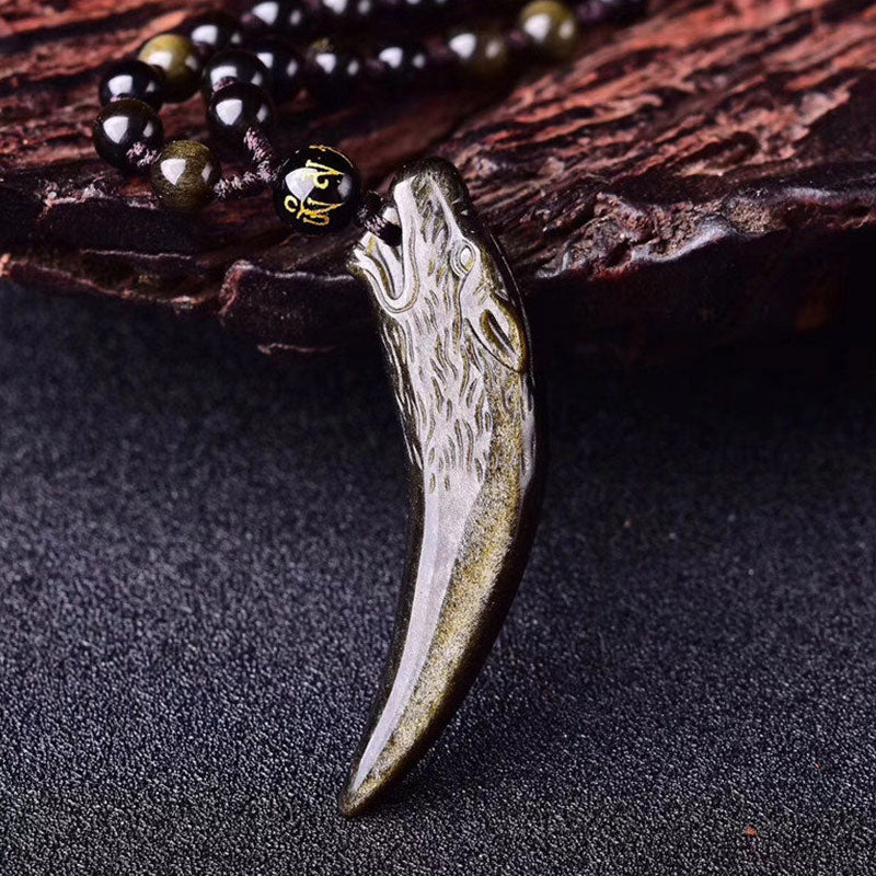 KarmaRipple's Authentic Black Obsidian Ice Obsidian Rainbow Obsidian Wolf Tooth Pattern Strength Pendant Necklace p22