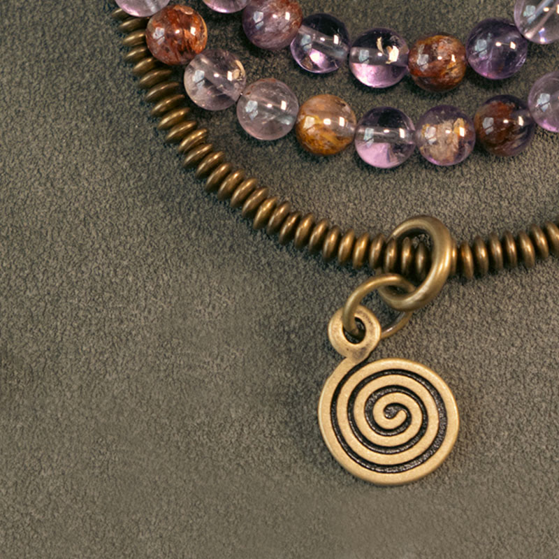 KarmaRipple's Purple Phantom Red Hematoid Quartz Green Rutilated Quartz Bronze Love Forgive Bracelet p10