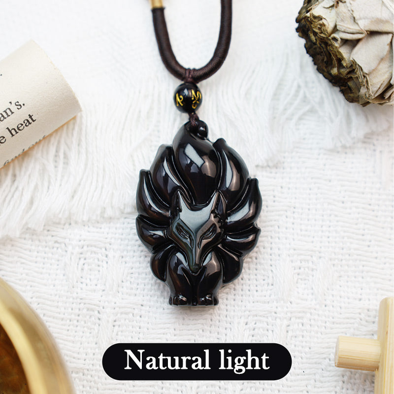 KarmaRipple's Authentic Rainbow Obsidian Gold Sheen Obsidian Nine Tailed Fox Positive Pendant Necklace p9