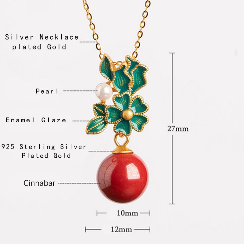 KarmaRipple's 925 Sterling Silver Plated Gold Cinnabar Pearl Flower Blessing Pendant Necklace Earrings Ring Set p12