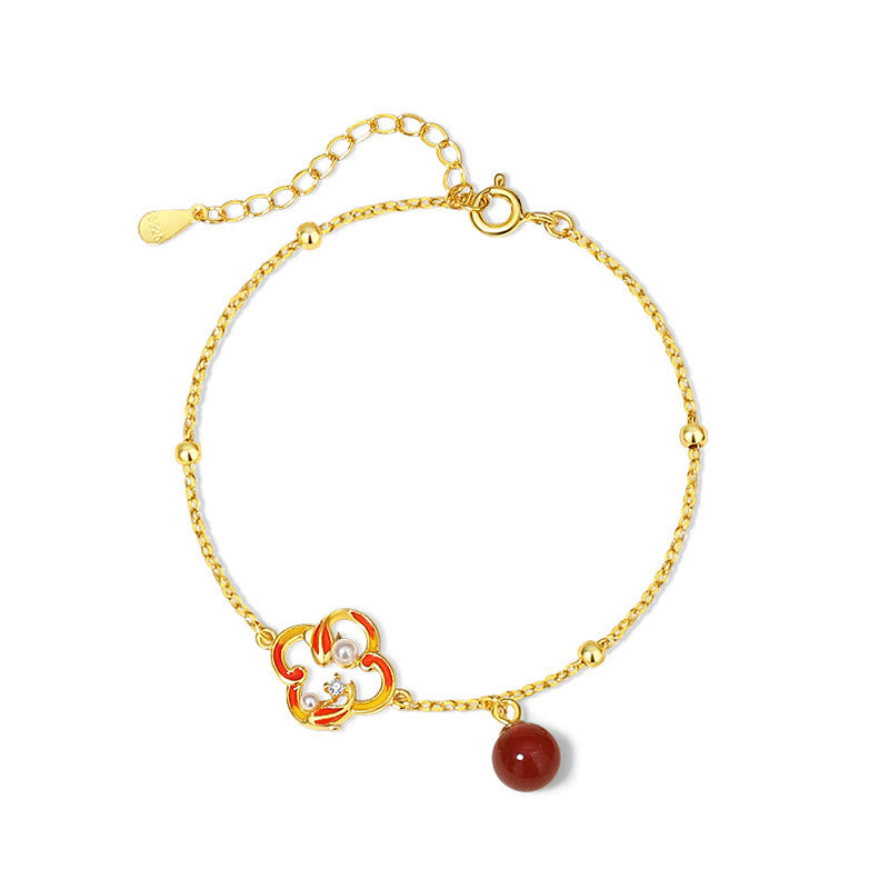 KarmaRipple's 925 Sterling Silver Four Leaf Clover Koi Fish Red Agate Pearl Wealth Bracelet Pendant Necklace Earrings Set p3