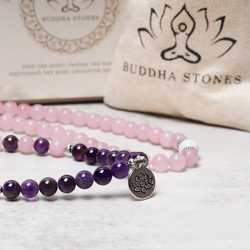 KarmaRipple's Authentic Rose Quartz & Amethyst Mala Bead Lotus Necklace Bracelet p8