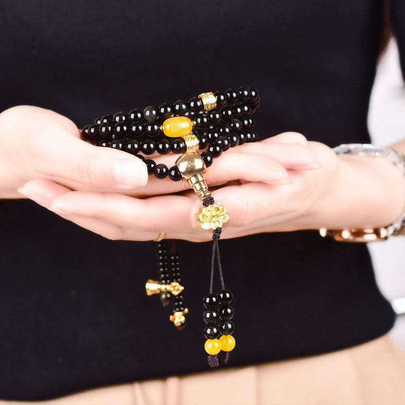 KarmaRipple's 108 Beadwork Authentic Black Obsidian Lotus Fulfilment Mala Bracelet p3