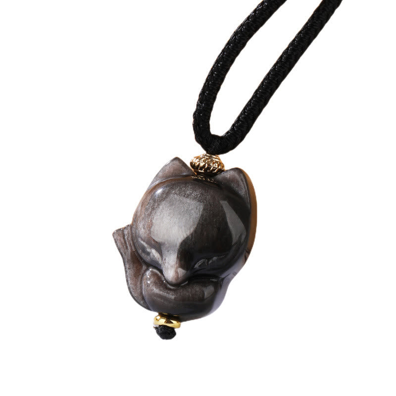 KarmaRipple's Authentic Silver Sheen Obsidian Nine Tailed Fox Protection Pendant Necklace p2