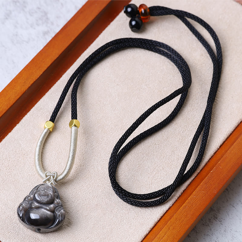 KarmaRipple's Authentic Silver Sheen Obsidian Laughing Buddha Protection Pendant Necklace p2
