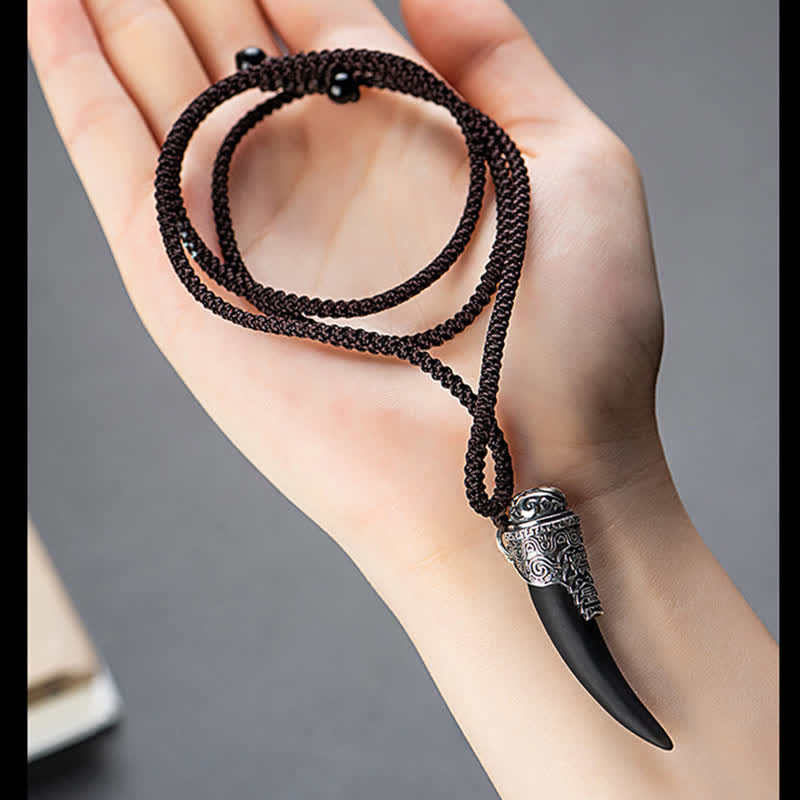 KarmaRipple's 925 Sterling Silver Black Obsidian Wolf Tooth Pattern Strength Pendant Necklace p12