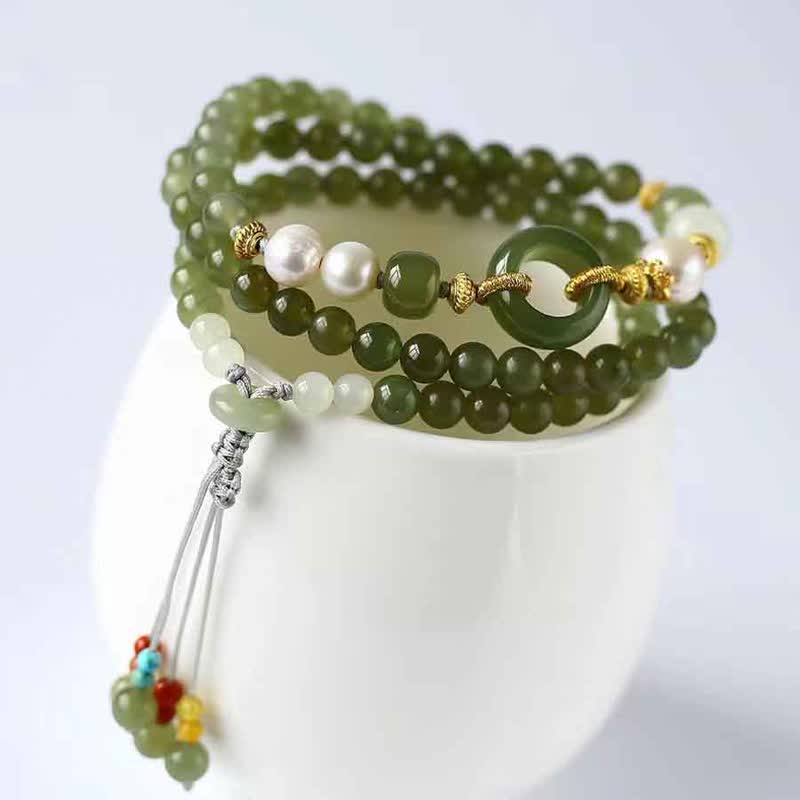 KarmaRipple's Hetian Jade Pearl Peace Buckle Fortune Wealth String Bracelet p7