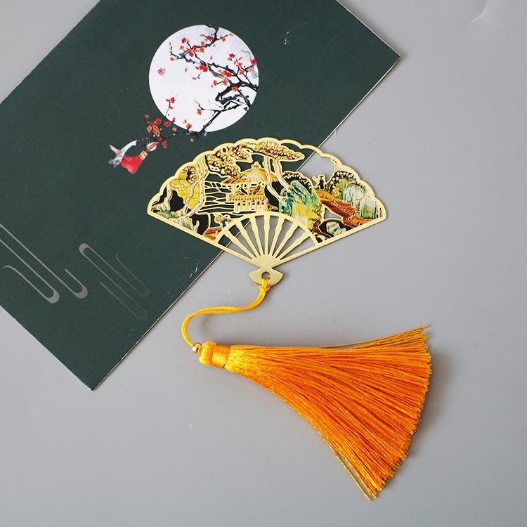 KarmaRipple's Traditional Butterfly Lotus Flower Crane Dragon Phoenix Fox Koi Fish New Beginning Metal Brass Hollow Fan Bookmarks p16