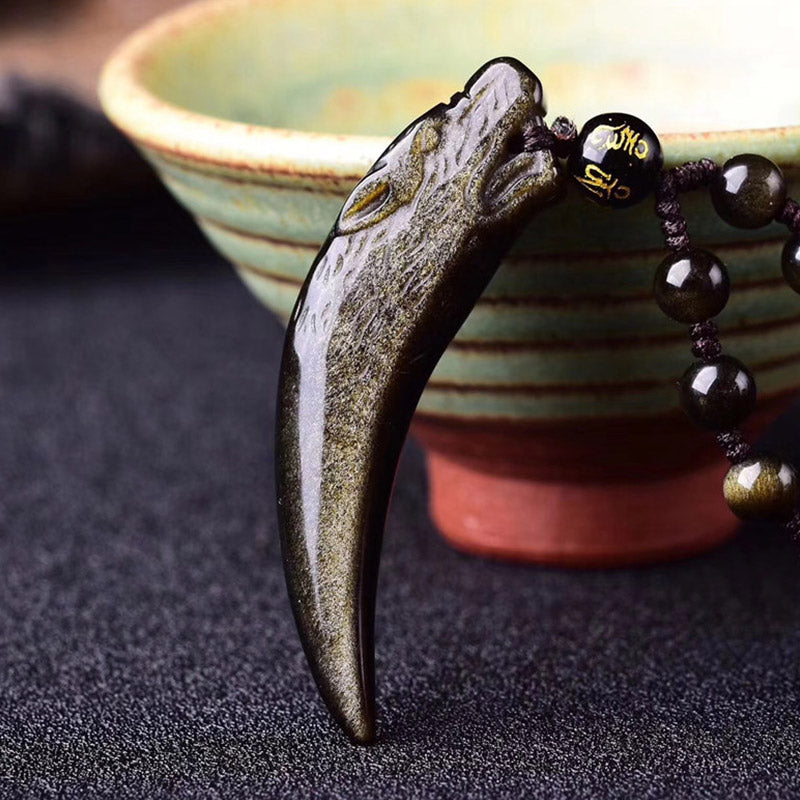 KarmaRipple's Authentic Black Obsidian Ice Obsidian Rainbow Obsidian Wolf Tooth Pattern Strength Pendant Necklace p11