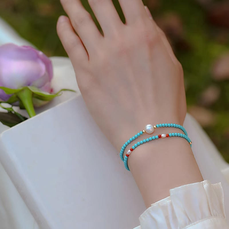 KarmaRipple's Turquoise Red Agate Pearl Small Beaded Protection Bracelet p15