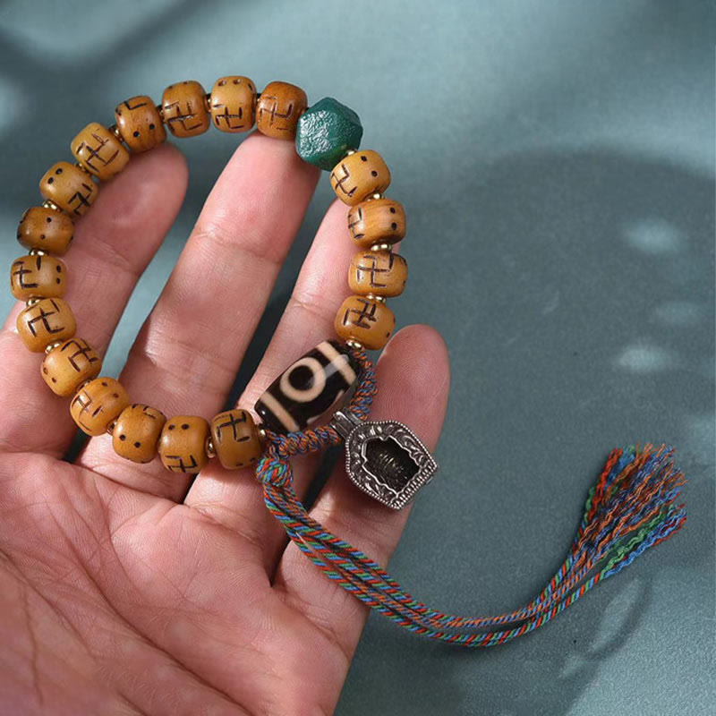 KarmaRipple's Authentic Tibetan Camel Bone Swastika Dzi Bead Shankha Buddha Talisman Kirtimukha Fortune Protection Tassel Bracelet p7