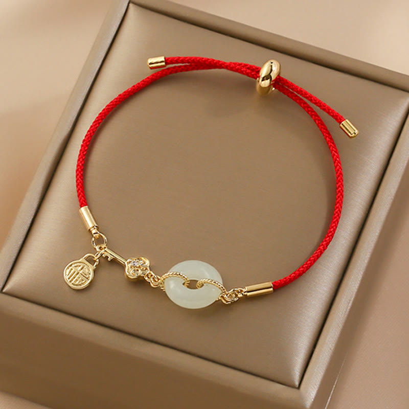 KarmaRipple's 18K Gold Plated Hetian Jade Peace Buckle Fu Character Fortune Red Rope Bracelet p5