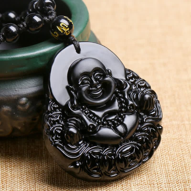 KarmaRipple's Laughing Buddha Black Obsidian Strength Protection Necklace Pendant p2