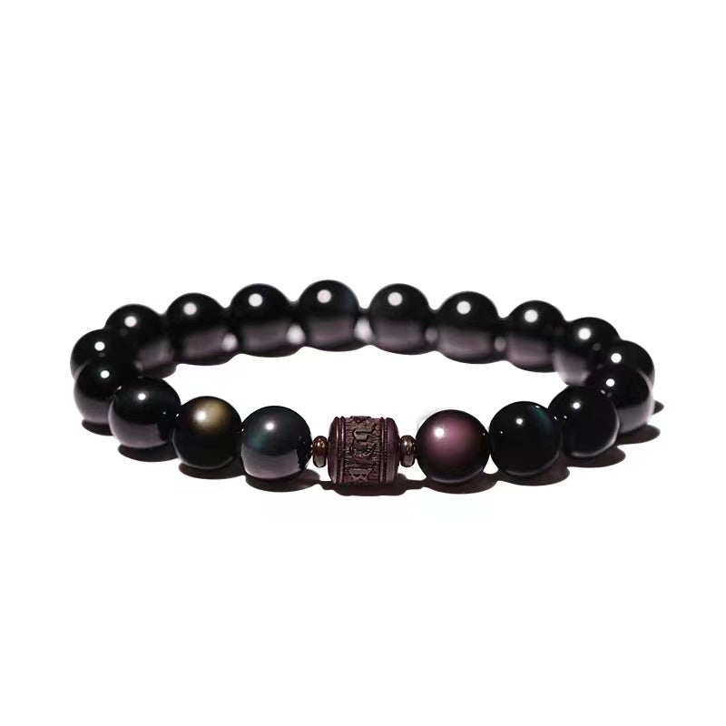 KarmaRipple's Authentic Gold Sheen Obsidian Rainbow Obsidian Om Mani Padme Hum Fu Character Balancing Bracelet p36