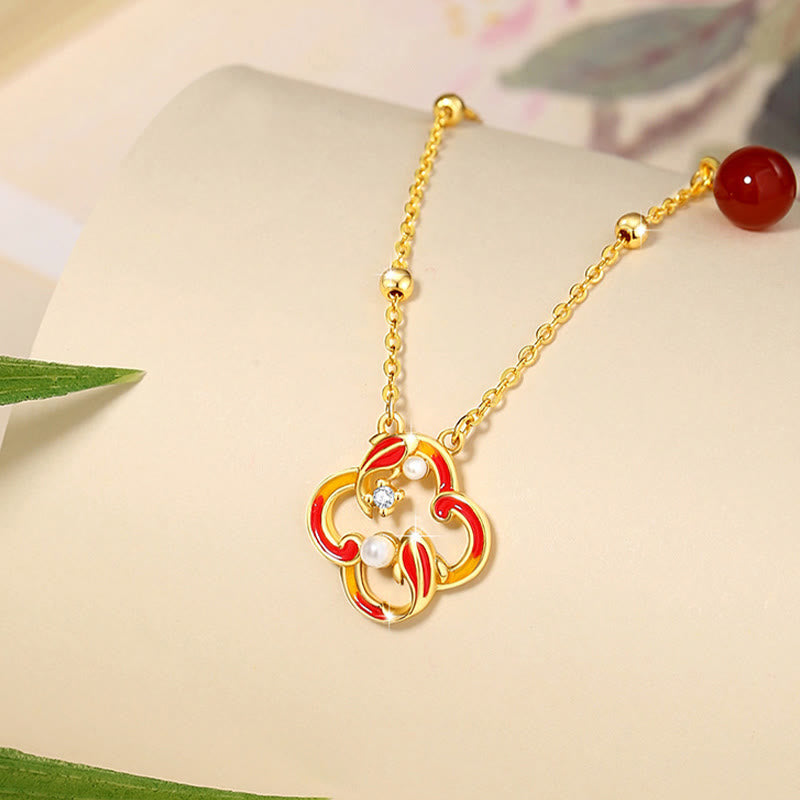 KarmaRipple's 925 Sterling Silver Four Leaf Clover Koi Fish Red Agate Pearl Wealth Bracelet Pendant Necklace Earrings Set p7