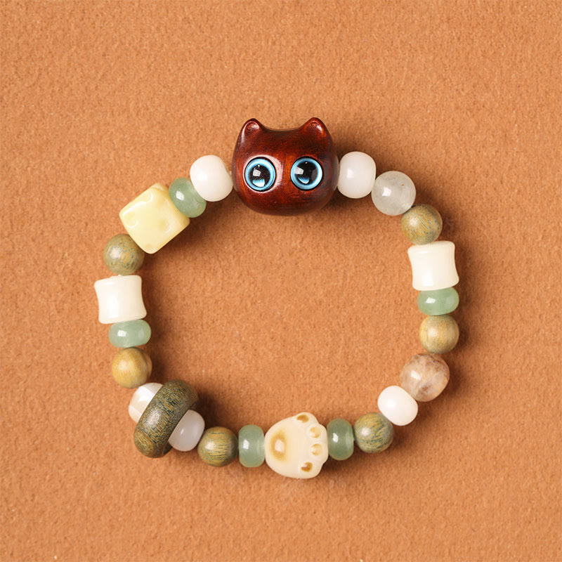 KarmaRipple's Bodhi Seed Green Sandalwood Ebony Wood Small Leaf Red Sandalwood Cat Head Paw Claw Peace Bracelet p3