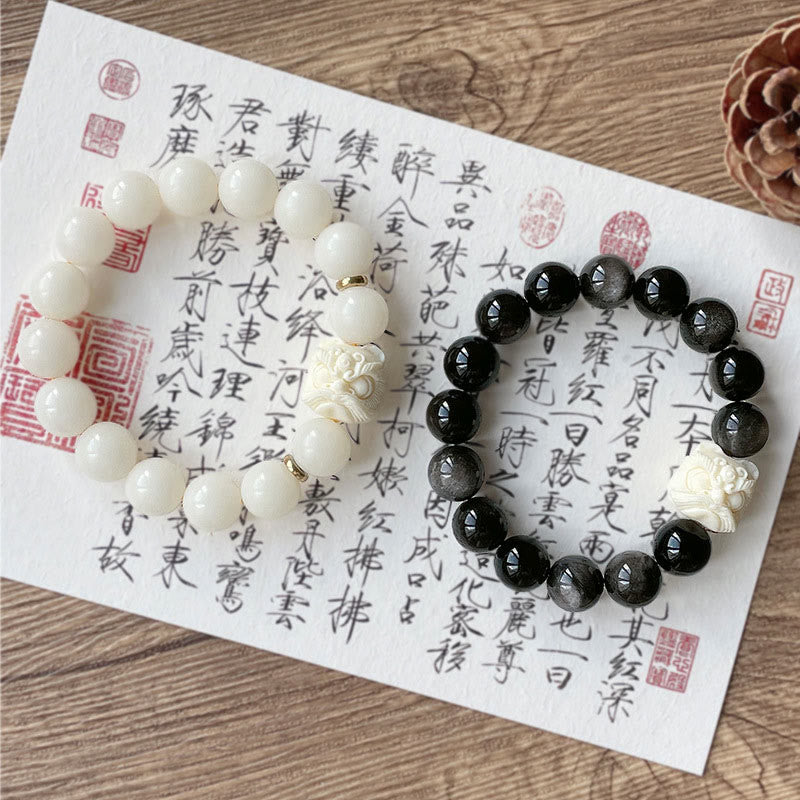 KarmaRipple's Silver Sheen Obsidian Bodhi Seed Ivory Fruit Dancing Lion Protection Bracelet p10