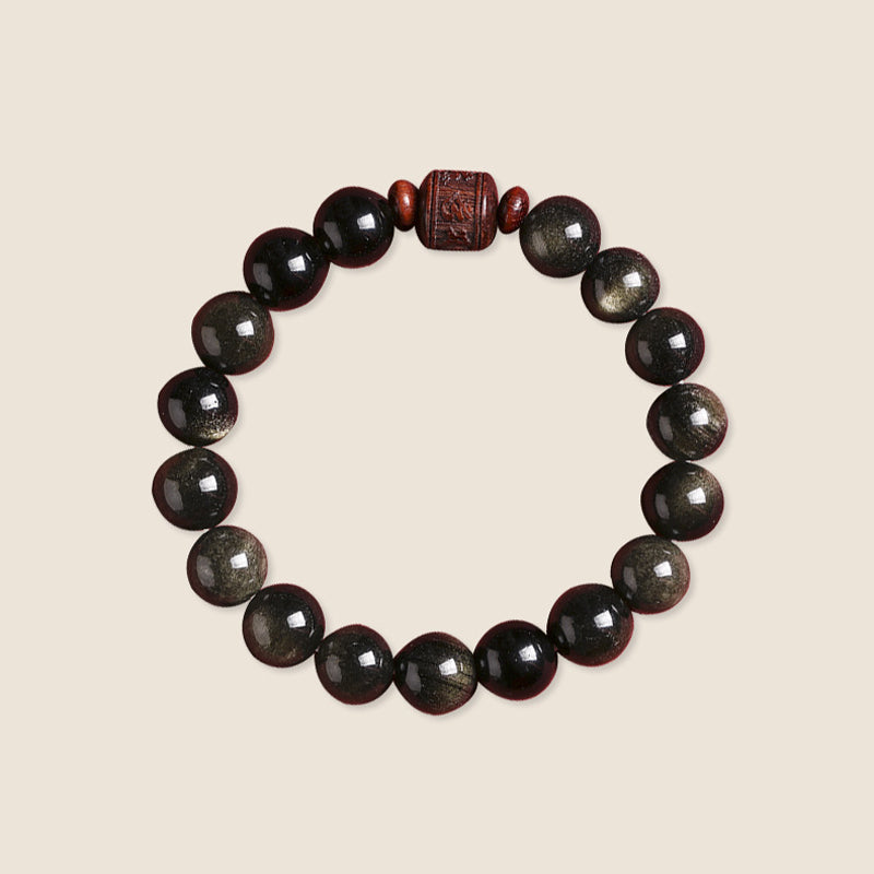 KarmaRipple's Authentic Gold Sheen Obsidian Rainbow Obsidian Om Mani Padme Hum Fu Character Balancing Bracelet p21