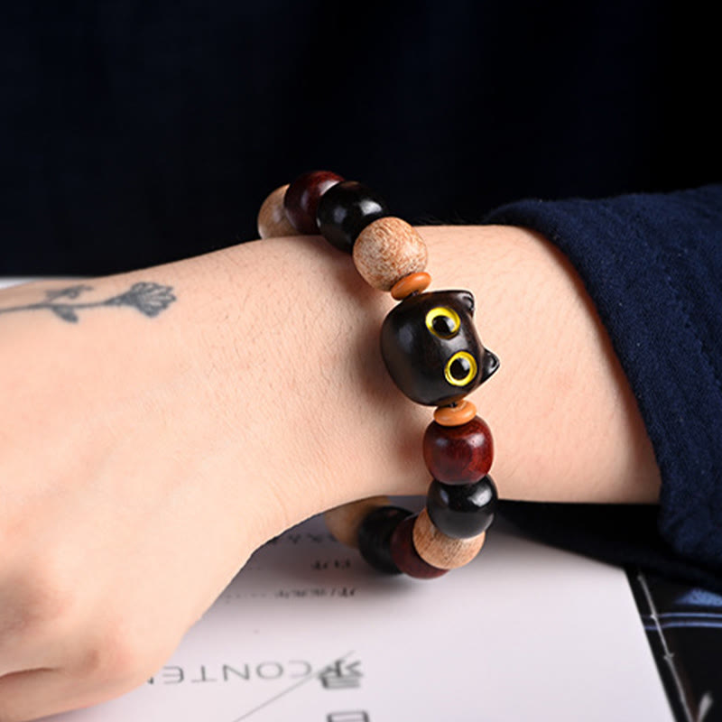 KarmaRipple's Small Leaf Red Sandalwood Ebony Wood Cute Cat Engraved Protection Bracelet p7