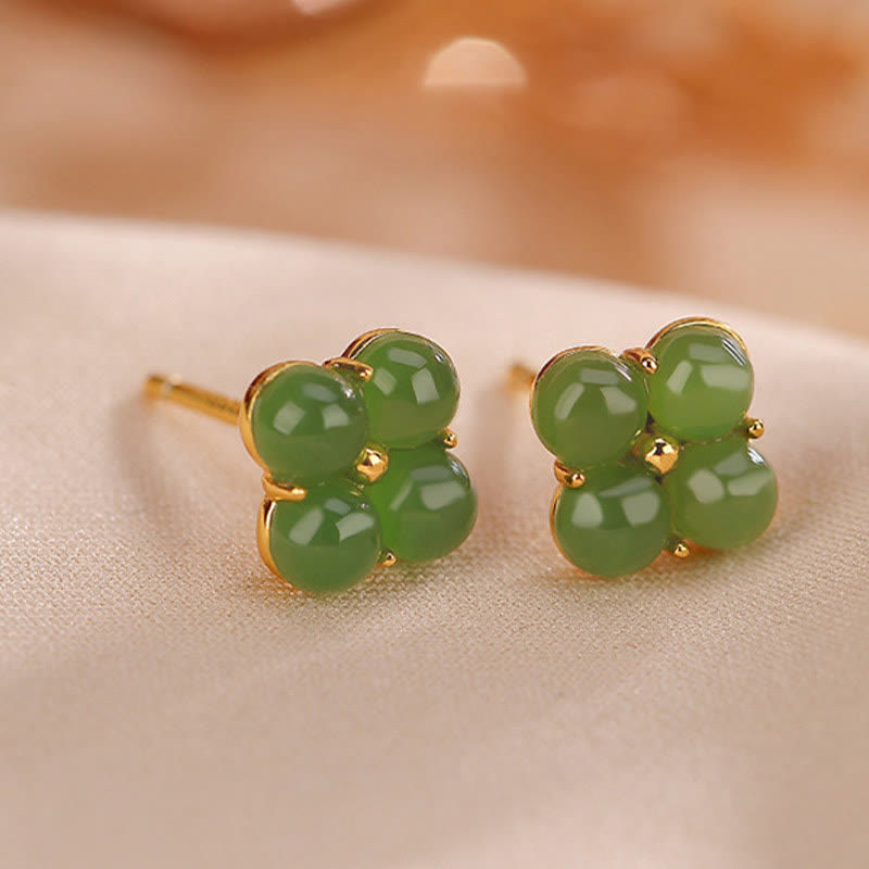 KarmaRipple's 925 Sterling Silver Plated Gold Authentic Cyan Jade Four Leaf Clover Fortune Stud Earrings p6