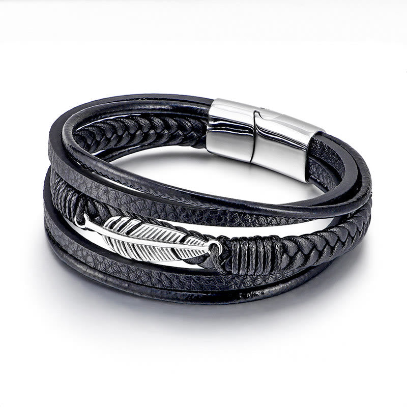 KarmaRipple's Feather Pattern Multilayer Leather Titanium Steel Calm Woven Magnetic Buckle Bracelet p7