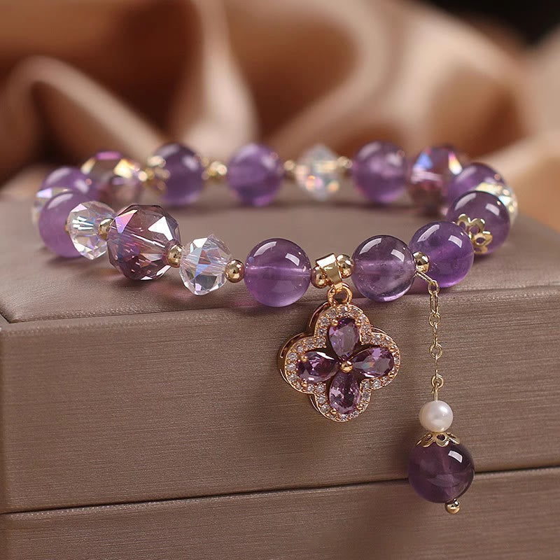 KarmaRipple's Authentic Amethyst Gemstone Four Leaf Clover Spiritual Balancing Bracelet p3