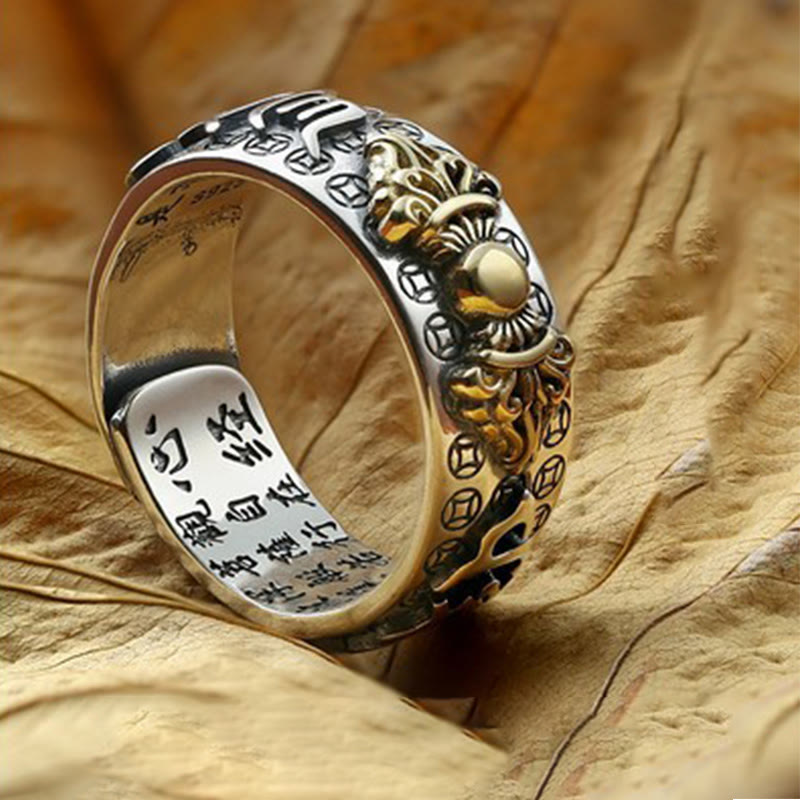 KarmaRipple's Tibetan 990 Sterling Silver Om Mani Padme Hum PiXiu Dorje Vajra Heart Sutra Engraved Wealth Ring p25