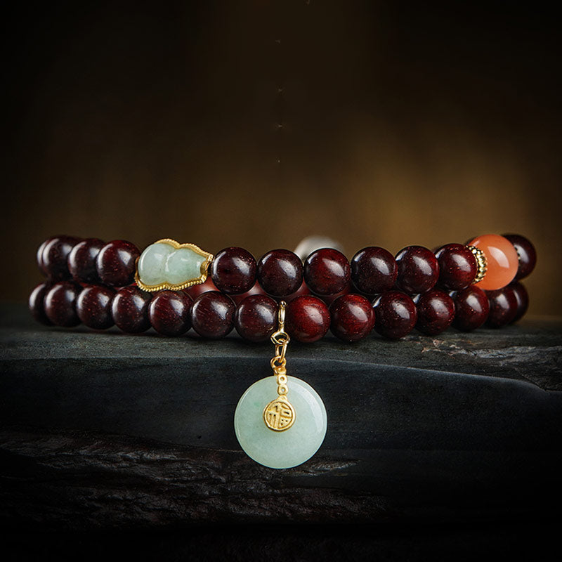 KarmaRipple's Chinese Zodiac Natal Buddha Small Leaf Red Sandalwood Jade Red Agate PiXiu Sooth Bracelet p24