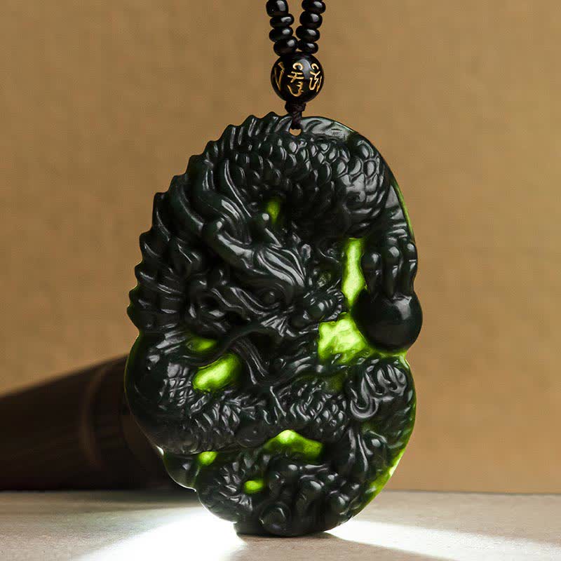 KarmaRipple's Hetian Cyan Jade Dragon Success Balance Pendant Beaded String Necklace p9