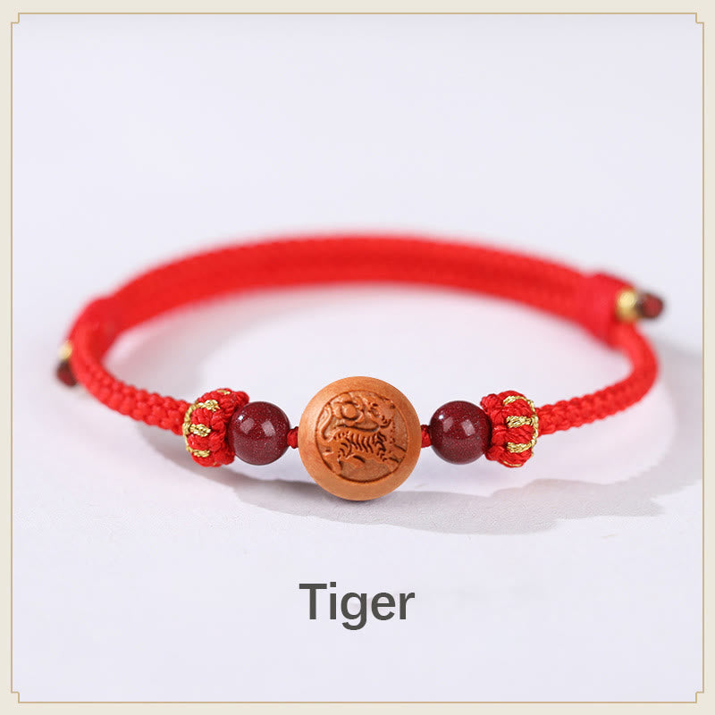 KarmaRipple's Authentic Peach Wood Chinese Zodiac Fu Character Carved Cinnabar Wealth Bracelet p35