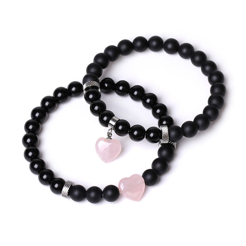 KarmaRipple's 2Pcs Black Onyx Gemstone Stone Love Heart Protection Support Pair Bracelet p24
