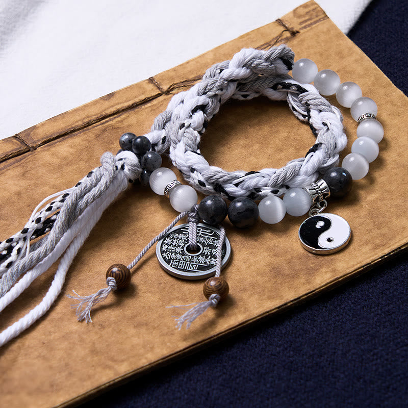 KarmaRipple's Black Glitter Stone Cat's Eye Yin Yang Mountain Ghosts Spend Money Power Double Layer Rope Bracelet p3