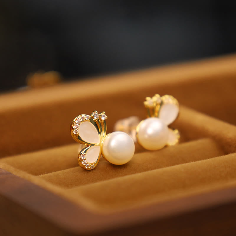 KarmaRipple's 925 Sterling Silver Posts 18K Gold Plated Bronze Authentic Pearl Butterfly Zircon Balancing Stud Earrings p3