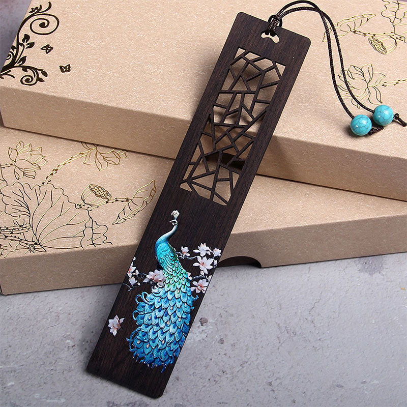 KarmaRipple's Blue Peacock Ebony Wood Bookmarks With Gift Box p1