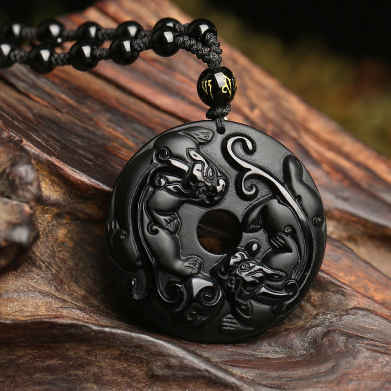 KarmaRipple's Authentic Black Obsidian Peace Buckle Pixiu Bead Rope Strength Pendant Necklace p1