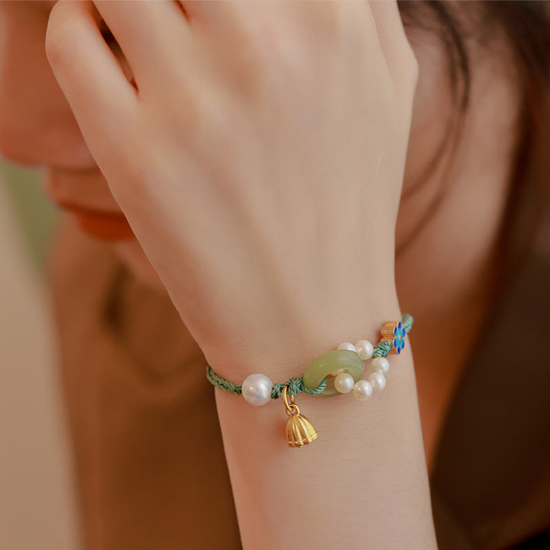 KarmaRipple's Authentic Hetian Jade Peace Buckle Pearl Fortune Handcrafted Woven Bracelet p10