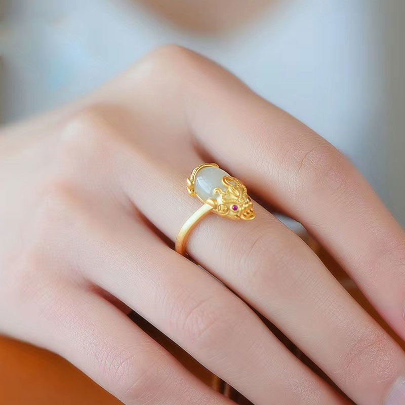 KarmaRipple's 18k Gold-plated Pixiu Jade Wealth Ring p13