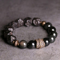 KarmaRipple's Black Obsidian Ebony Wood Bronze Strength Pair Bracelet