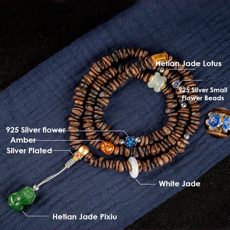 KarmaRipple's 108 Mala Beadwork 925 Sterling Silver Brunei Agarwood Red Agate PiXiu Hetian Jade Peace Strength Bracelet p24