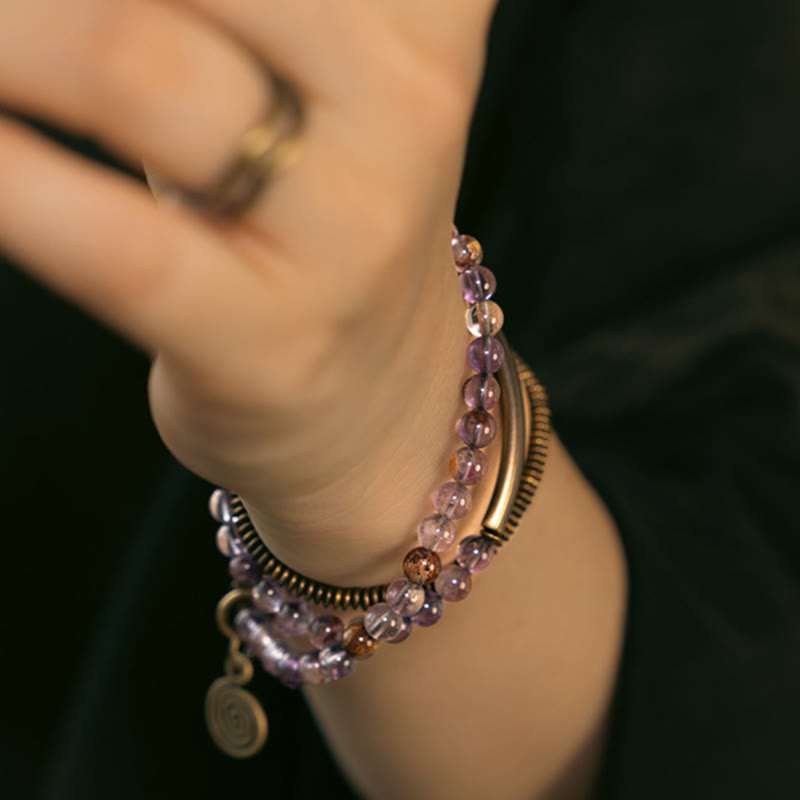 KarmaRipple's Purple Phantom Red Hematoid Quartz Green Rutilated Quartz Bronze Love Forgive Bracelet p12