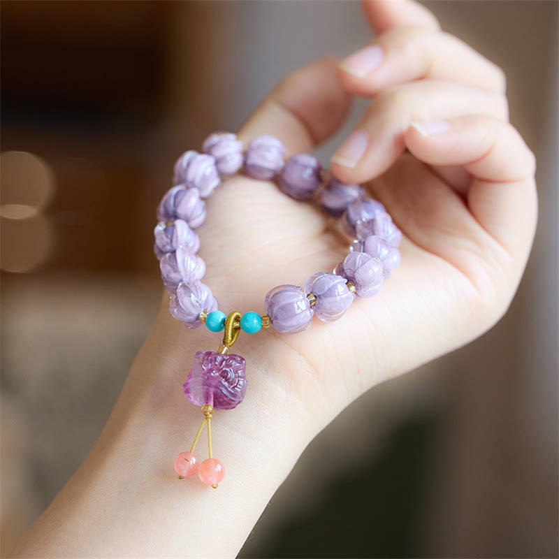 KarmaRipple's Liuli Glass Bead Lotus Design Fluorite Ivory Fruit Dancing Lion Talisman Enlightenment Bracelet p6