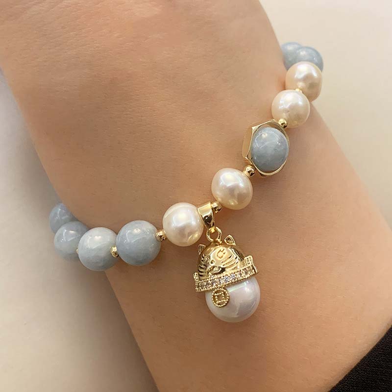 KarmaRipple's Aquamarine Pearl Peace Balancing Fortunate Cat Talisman Bracelet p3
