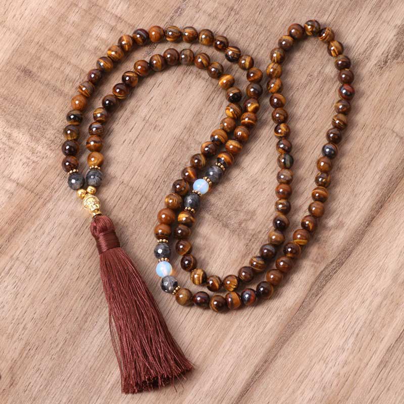 KarmaRipple's Tibetan Tiger Eye Buddha Strength Power Beaded Tassel Necklace Pendant p1