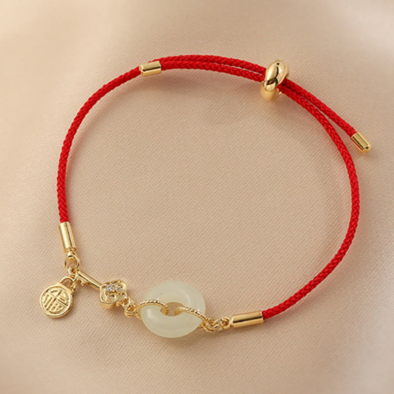 KarmaRipple's 18K Gold Plated Hetian Jade Peace Buckle Fu Character Fortune Red Rope Bracelet p11