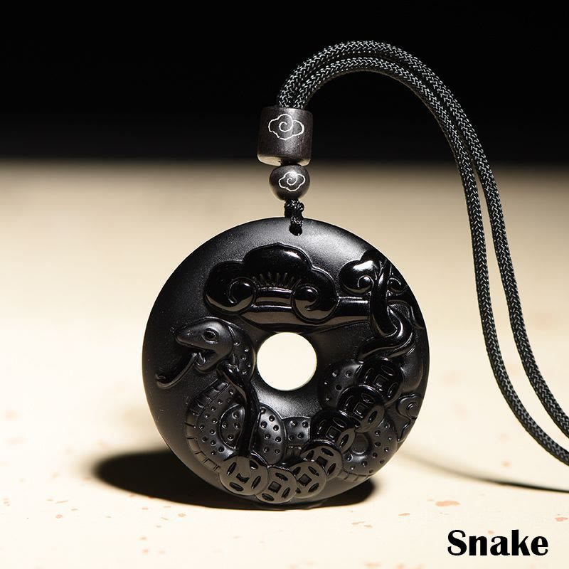 KarmaRipple's Chinese Zodiac Authentic Black Obsidian Peace Buckle Strength Pendant Necklace p6