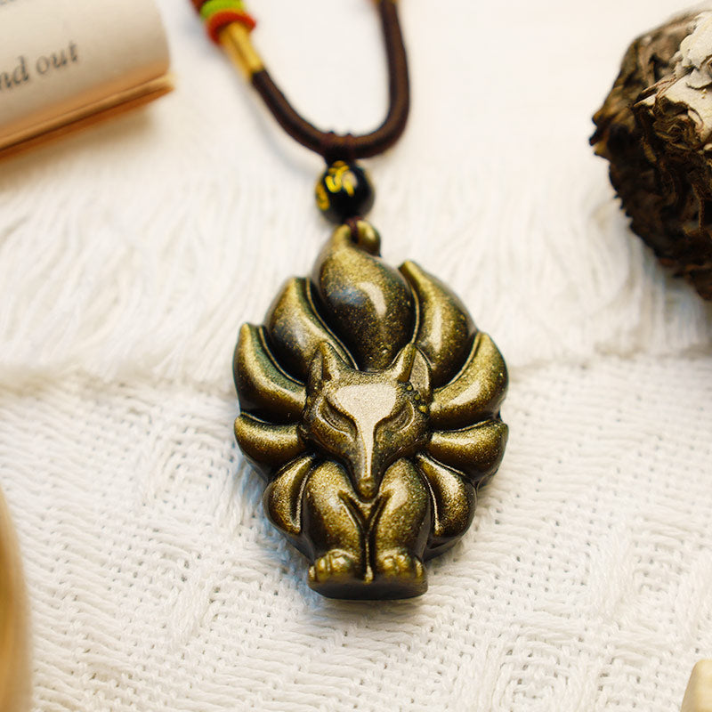 KarmaRipple's Authentic Rainbow Obsidian Gold Sheen Obsidian Nine Tailed Fox Positive Pendant Necklace p15