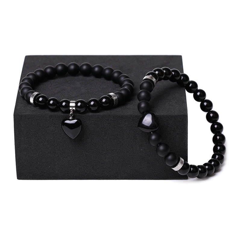 KarmaRipple's 2Pcs Black Onyx Gemstone Stone Love Heart Protection Support Pair Bracelet p11