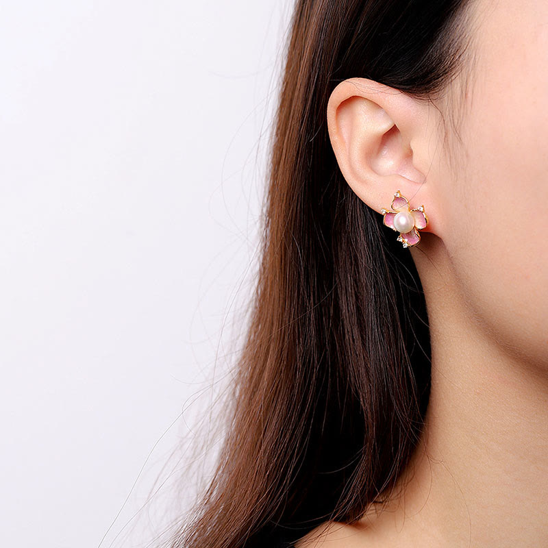 KarmaRipple's 925 Sterling Silver Pearl Red Flower Petals Design Wisdom Pendant Necklace Earrings Set p7