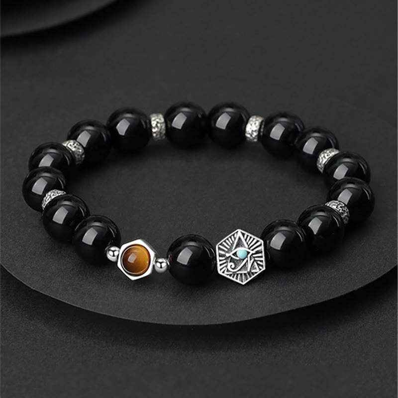 KarmaRipple's 925 Sterling Silver Black Obsidian Tiger Eye Eye of Providence Purification Bracelet p16