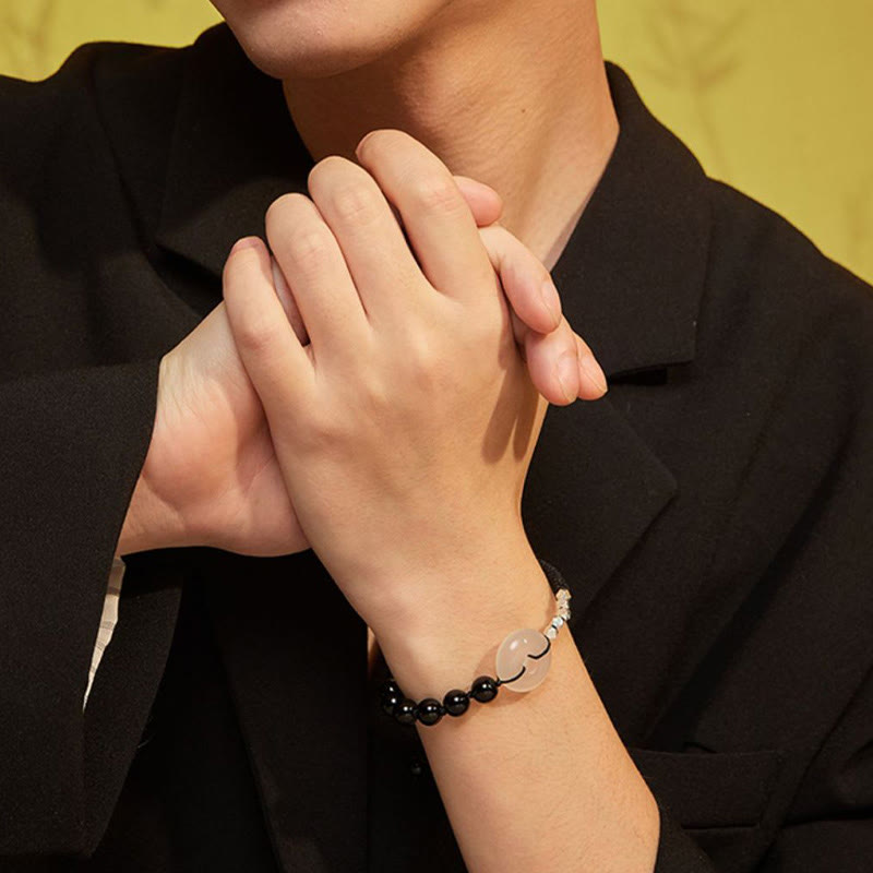 KarmaRipple's 925 Sterling Silver Black Obsidian Agate Peace Buckle Strength Bracelet p7